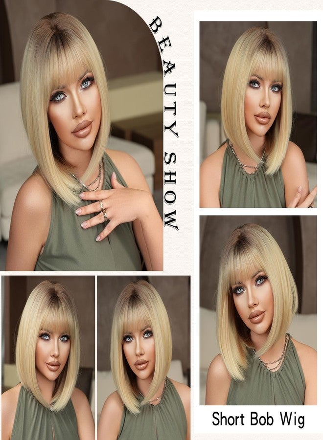 7JHH WIGS 7JHHWIGS 13in Blonde Bob Bangs Wigs Natural Mixed Blonde Heat Resistant Synthetic Fiber Women Wigs for Chrismas Daily Party Daily Used - Image 4